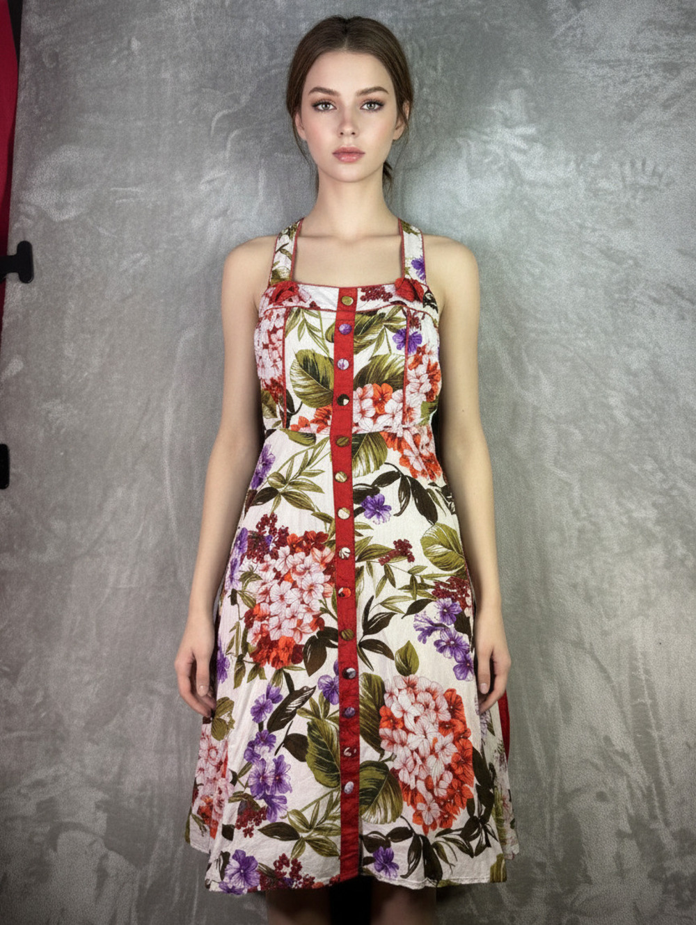 Aryeh Floral Midi Dress with Button Front and Red Trim SZ MED